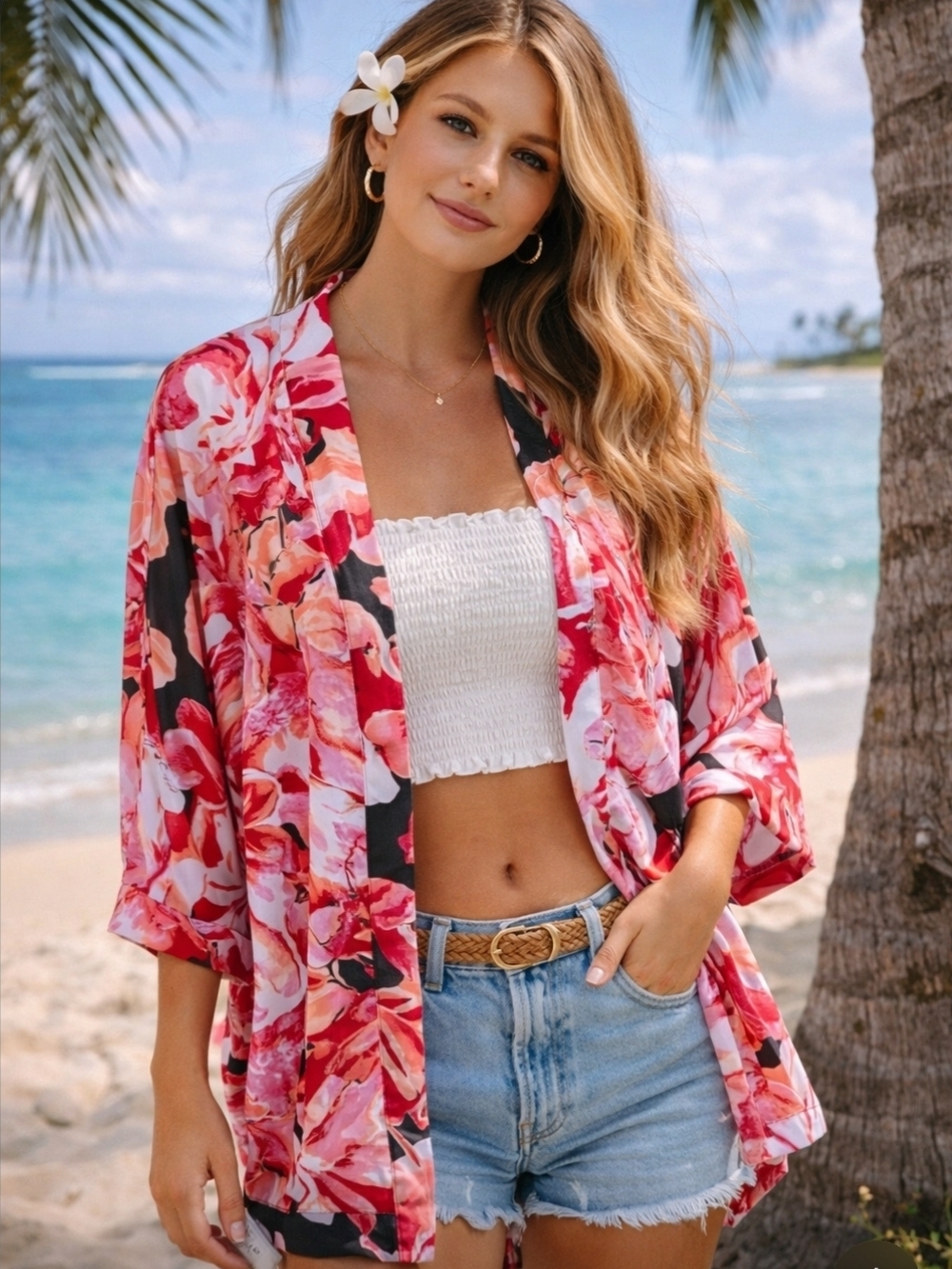 Apt. 9 Pink Orange Floral Open Front Half Sleeve Kimono Women's Small